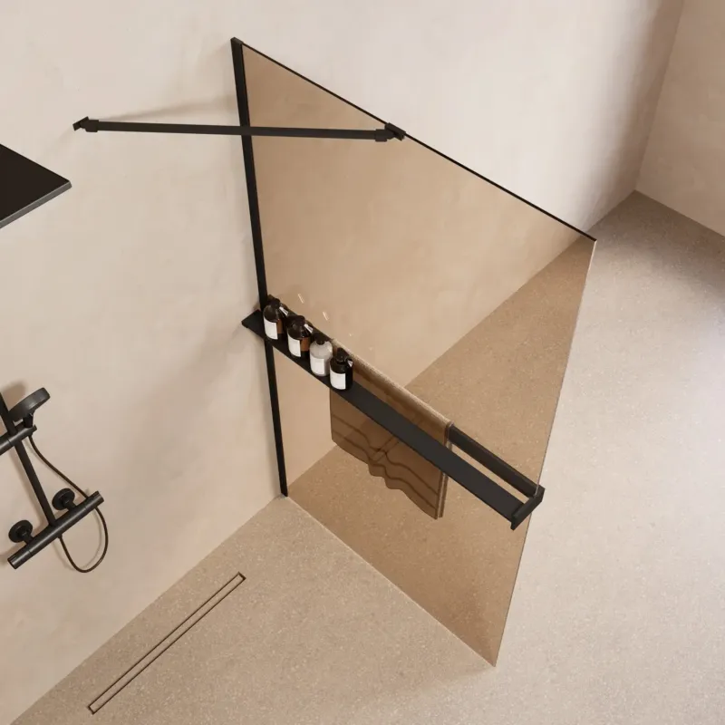 Saniclear Oblique inloopdouche 80cm met handdoekhouder en bronsglas zwart mat Alleen Vandaag