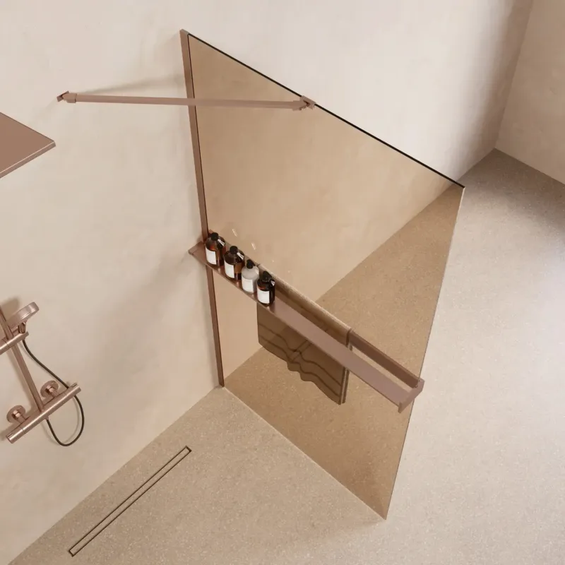 Saniclear Oblique inloopdouche 100cm met handdoekhouder en bronsglas geborsteld koper Uitverkoop