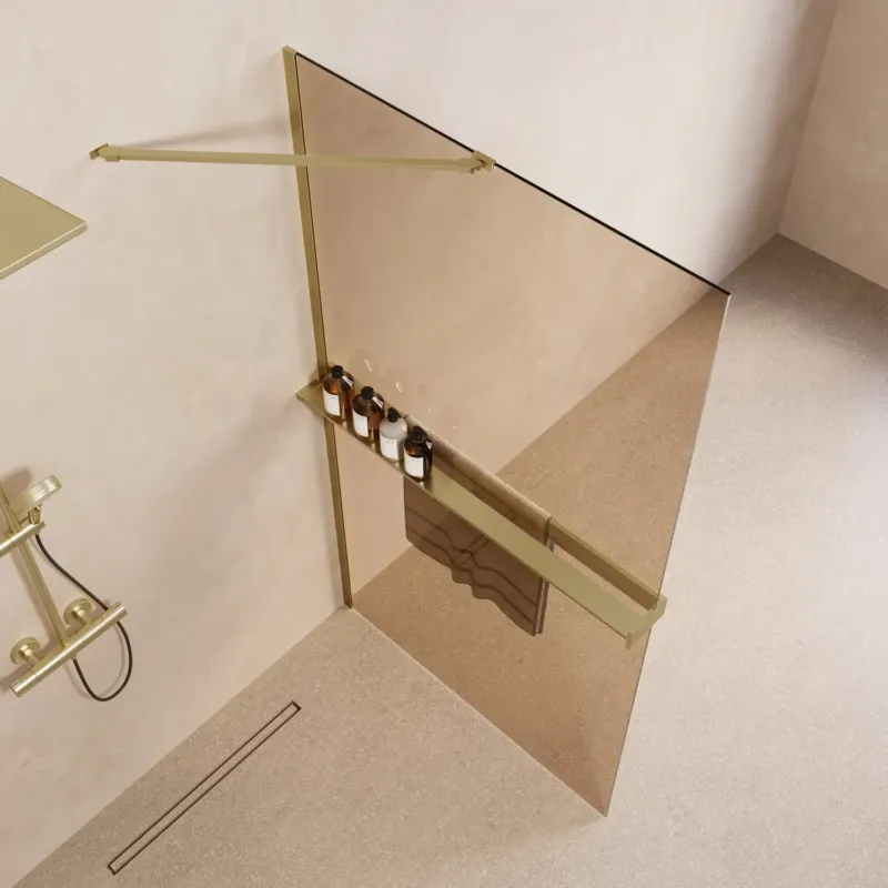 Hoge Kwaliteit Saniclear Oblique inloopdouche 90cm met handdoekhouder en bronsglas geborsteld messing - mat goud