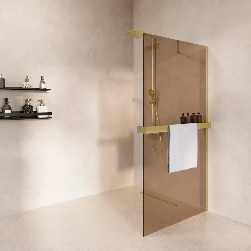 Actieprijs Saniclear Oblique inloopdouche 120cm met handdoekhouder en bronsglas geborsteld messing - mat goud