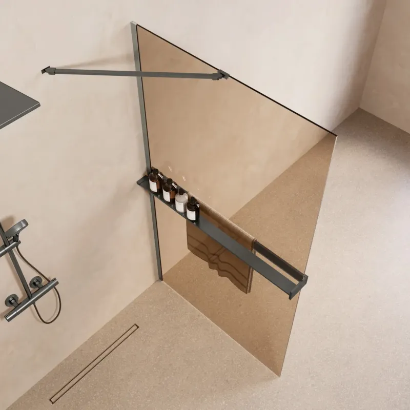 Express Levering Saniclear Oblique inloopdouche 100cm met handdoekhouder en bronsglas verouderd ijzer - gunmetal