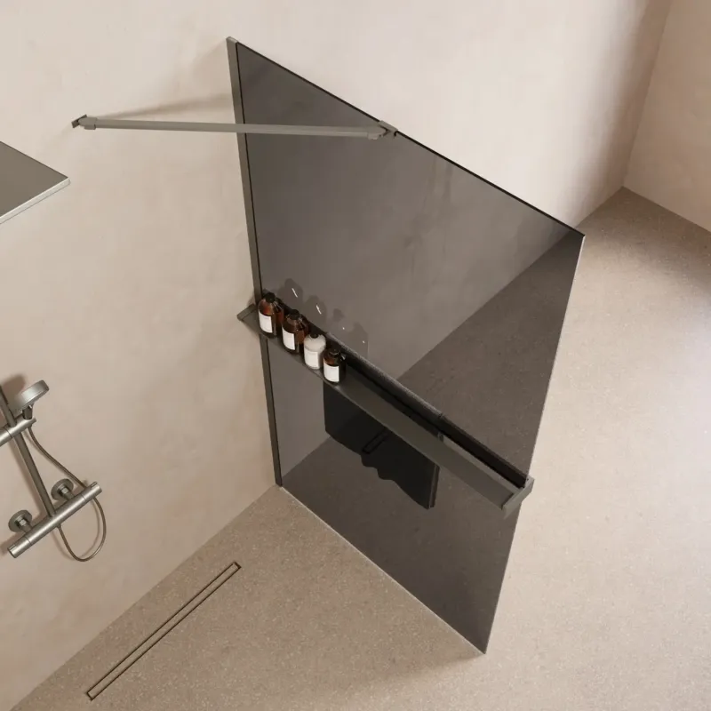 Koop Online Saniclear Oblique inloopdouche 90cm met handdoekhouder en rookglas RVS