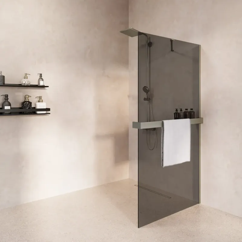 Aanbieding Saniclear Oblique inloopdouche 120cm met handdoekhouder en rookglas RVS