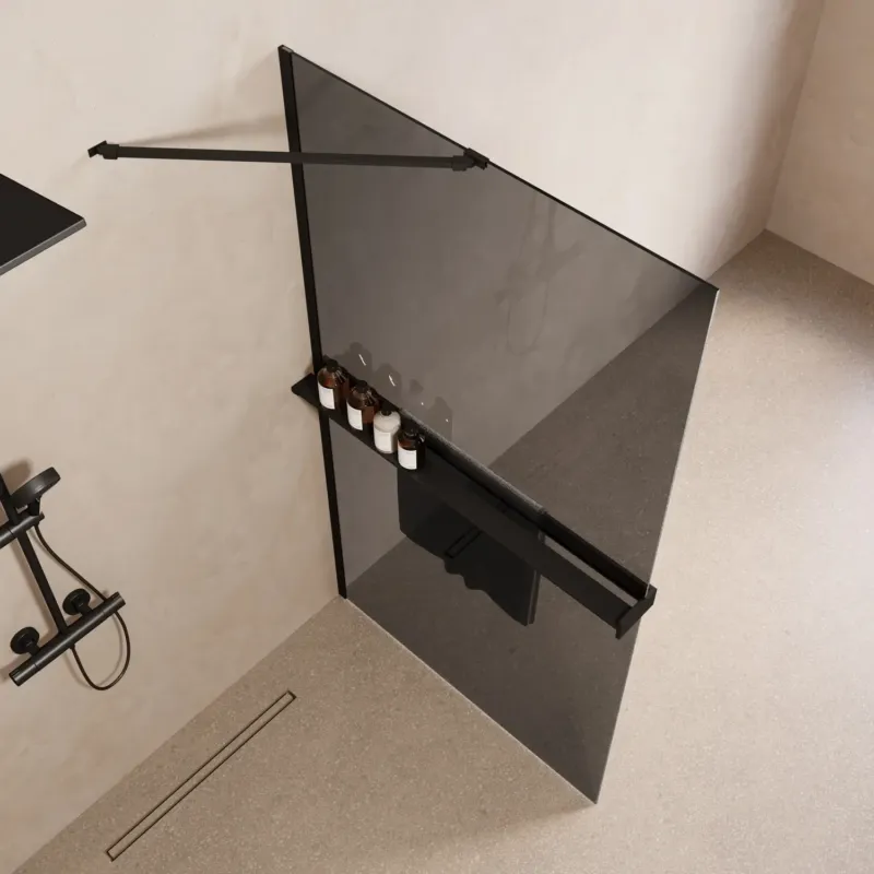Saniclear Oblique inloopdouche 100cm met handdoekhouder en rookglas zwart mat Populair
