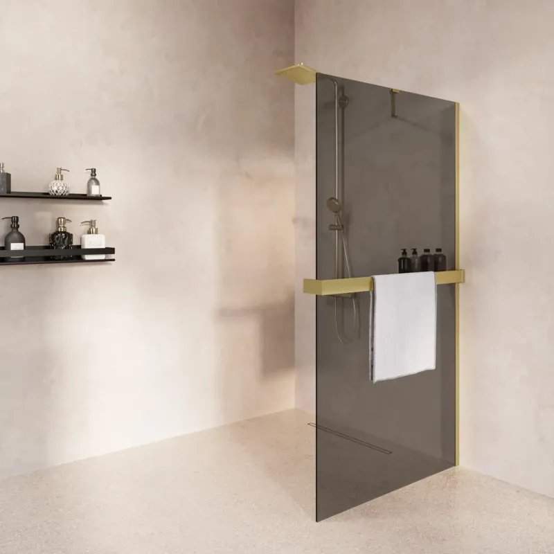 Saniclear Oblique inloopdouche 90cm met handdoekhouder en rookglas geborsteld messing - mat goud Rechtstreeks Van De Fabrikant