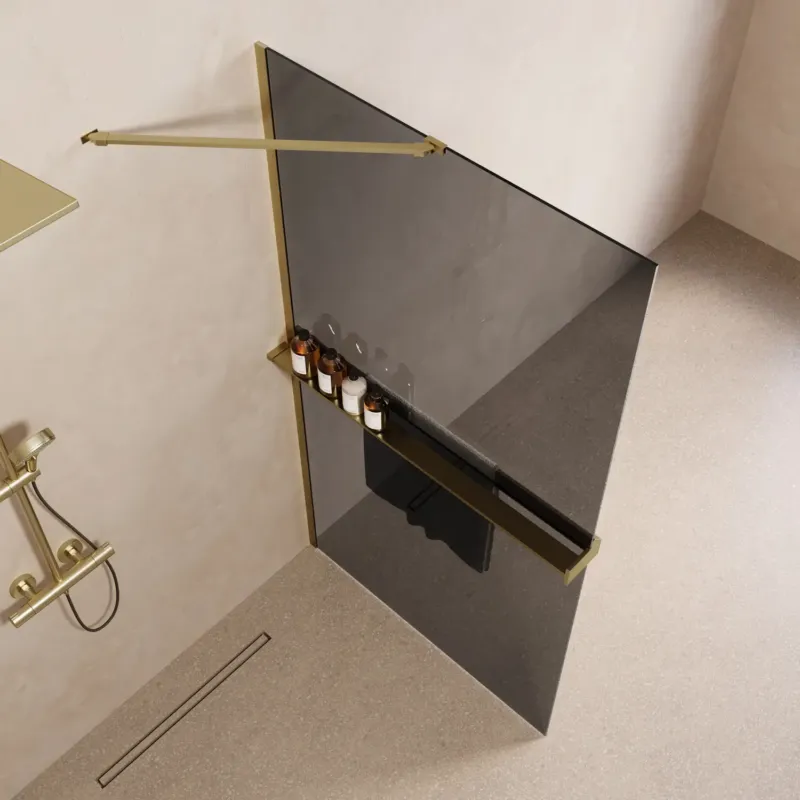 Favoriet Saniclear Oblique inloopdouche 100cm met handdoekhouder en rookglas geborsteld messing - mat goud