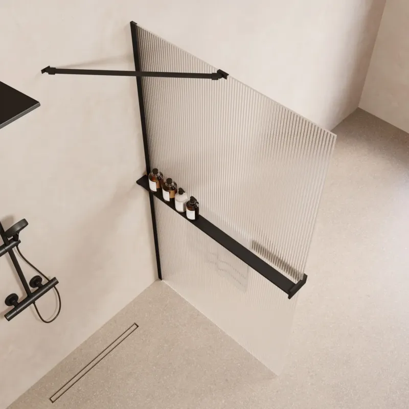 Saniclear Oblique inloopdouche 120cm met handdoekhouder en ribbelglas zwart mat Nieuw