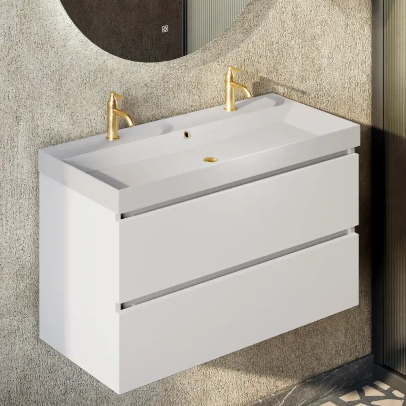 Fontana Kolo wastafelmeubel mat wit 100cm mat witte wastafel 2 kraangaten Nieuw