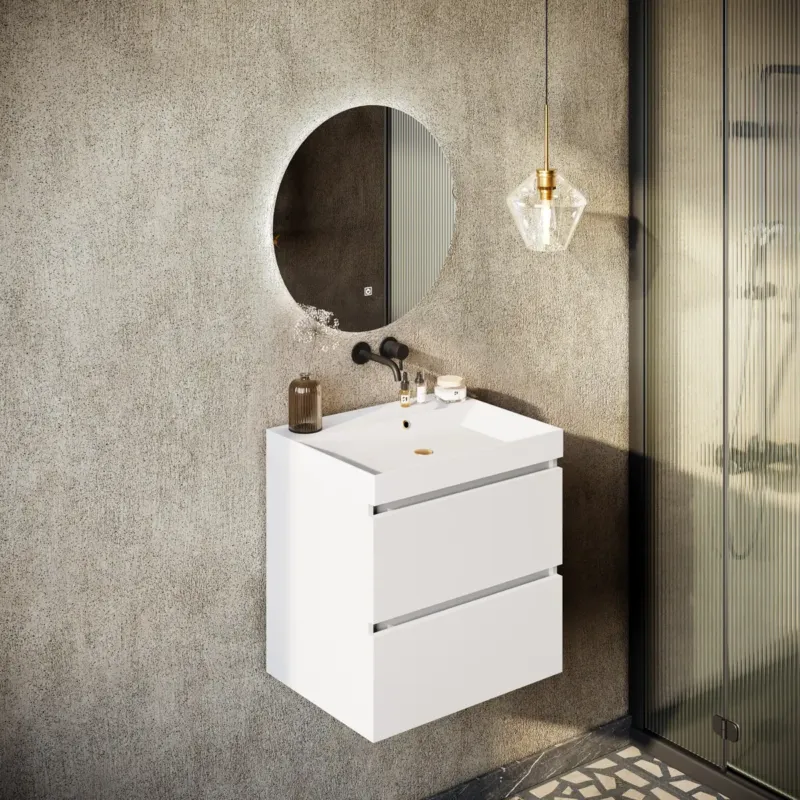 Fontana Kolo wastafelmeubel mat wit 60cm glans witte wastafel 0 kraangaten met ronde spiegel Actieprijs