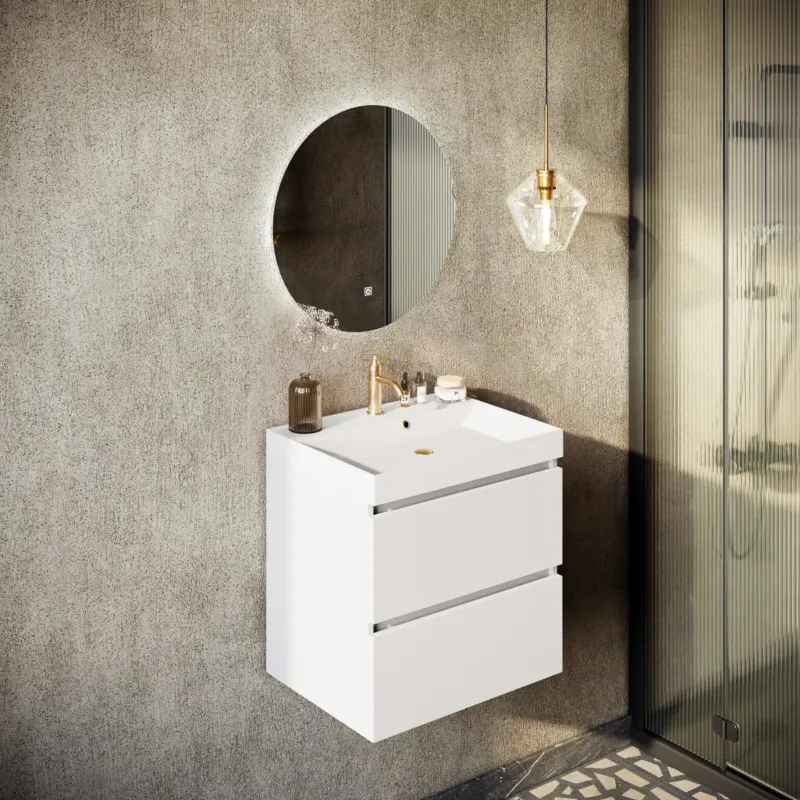 Fontana Kolo wastafelmeubel mat wit 60cm glans witte wastafel 1 kraangat met ronde spiegel Goedkoop