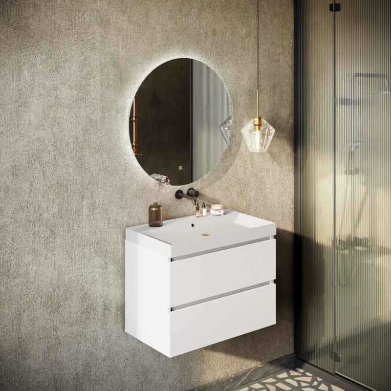 Fontana Kolo wastafelmeubel mat wit 80cm glans witte wastafel 0 kraangaten met ronde spiegel Finale Uitverkoop