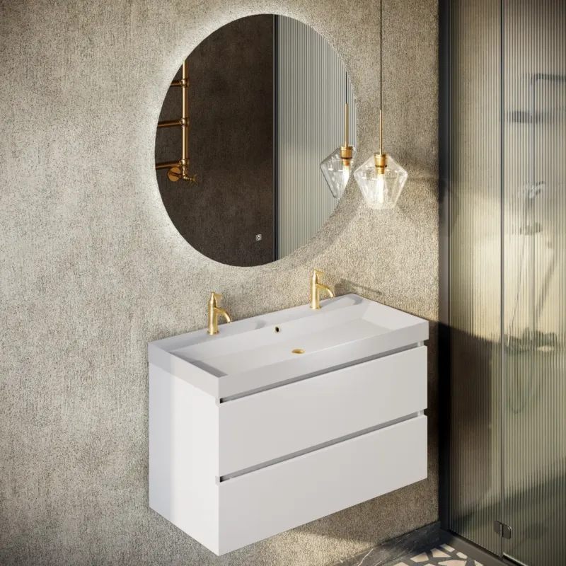 Fontana Kolo wastafelmeubel mat wit 100cm mat witte wastafel 2 kraangaten met ronde spiegel Seizoensaanbieding