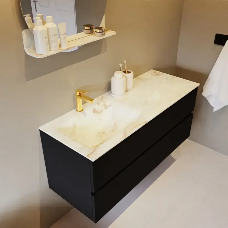 Mondiaz Vica DLux badmeubel 120cm urban 2 lades met wastafel frappe links 1 kraangat Beperkt Aanbod