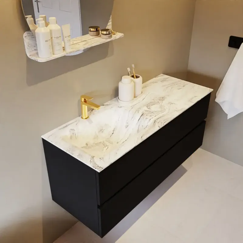 Superprijs Mondiaz Vica DLux badmeubel 120cm urban 2 lades met wastafel glace links 1 kraangat