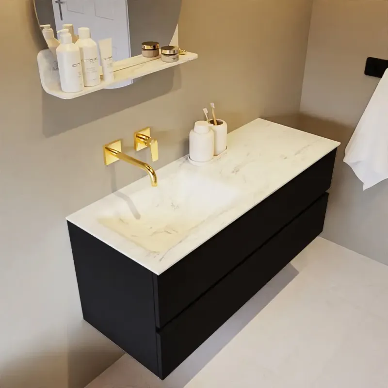 Seizoensaanbieding Mondiaz Vica DLux badmeubel 120cm urban 2 lades met wastafel opalo links zonder kraangat