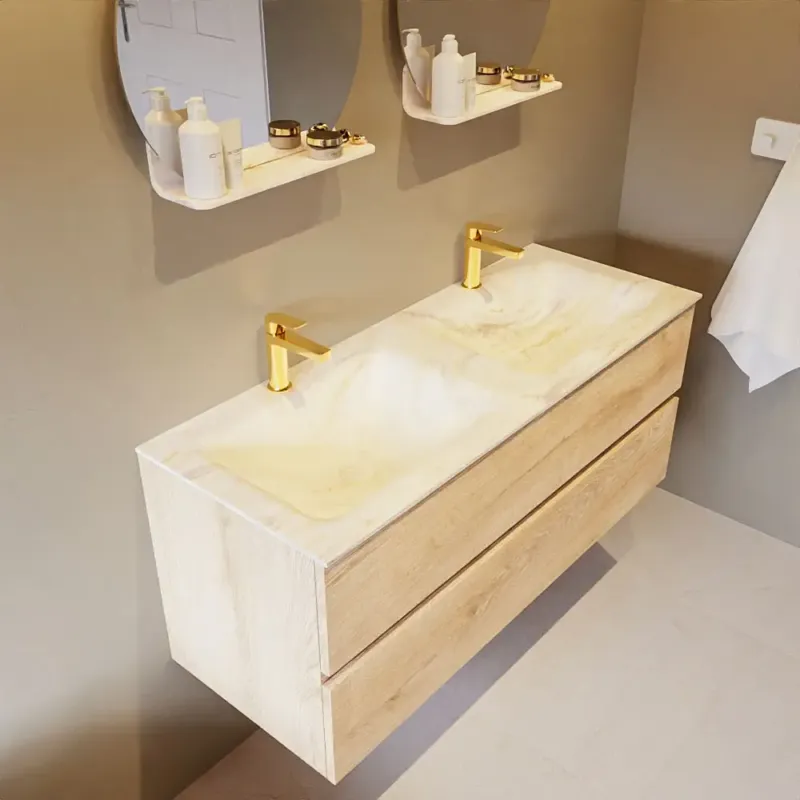 Rechtstreeks Van De Fabrikant Mondiaz Vica DLux badmeubel 120cm washed oak 2 lades met wastafel ostra dubbel 2 kraangaten