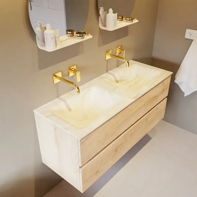 Tijdelijk Beschikbaar Mondiaz Vica DLux badmeubel 120cm washed oak 2 lades met wastafel ostra dubbel zonder kraangat