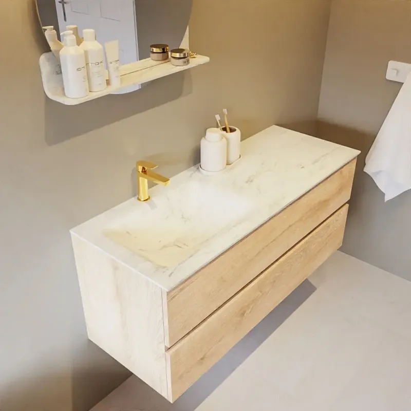 Beperkt Aanbod Mondiaz Vica DLux badmeubel 120cm washed oak 2 lades met wastafel opalo links 1 kraangat