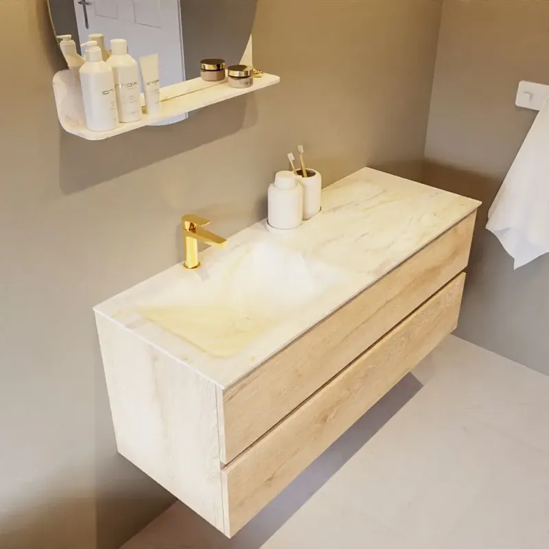 Premium Mondiaz Vica DLux badmeubel 120cm washed oak 2 lades met wastafel ostra links 1 kraangat