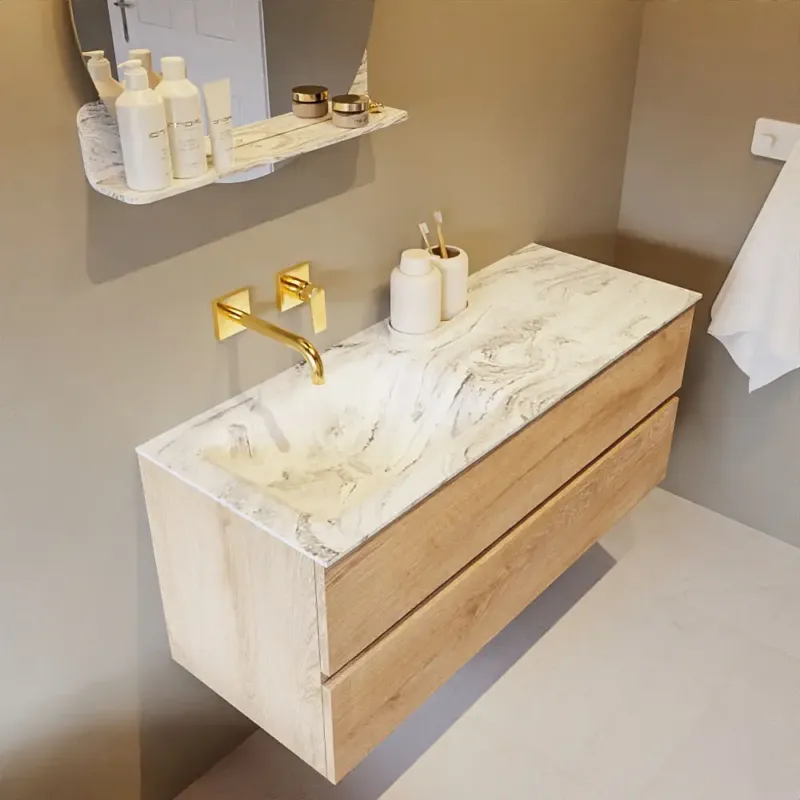 Actieprijs Mondiaz Vica DLux badmeubel 120cm washed oak 2 lades met wastafel glace links zonder kraangat