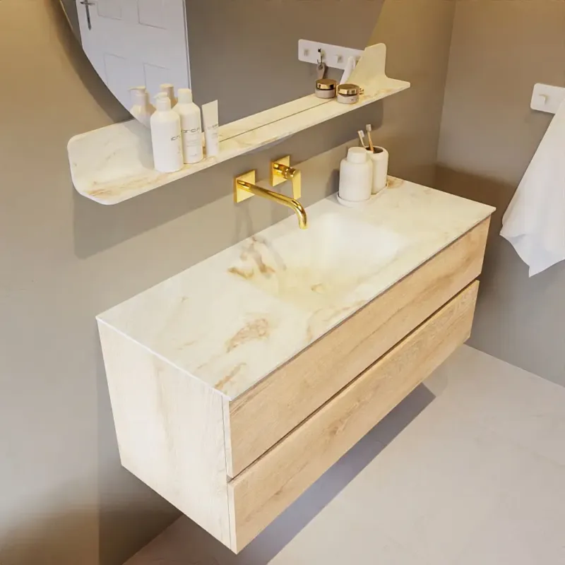 Nieuw Mondiaz Vica DLux badmeubel 120cm washed oak 2 lades met wastafel frappe midden zonder kraangat