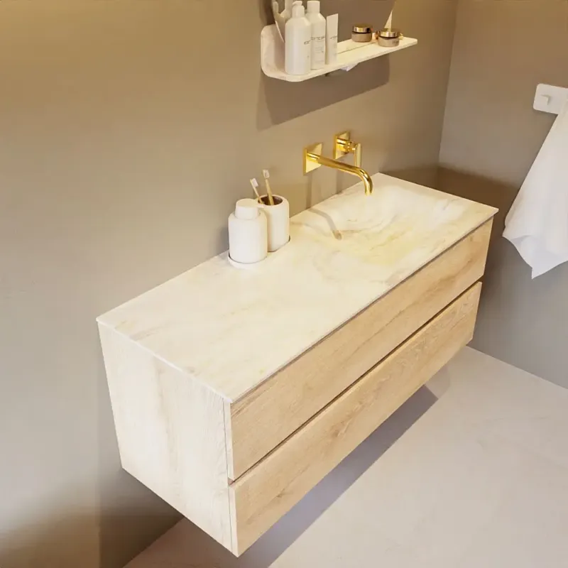 Weekendaanbieding Mondiaz Vica DLux badmeubel 120cm washed oak 2 lades met wastafel ostra rechts zonder kraangat