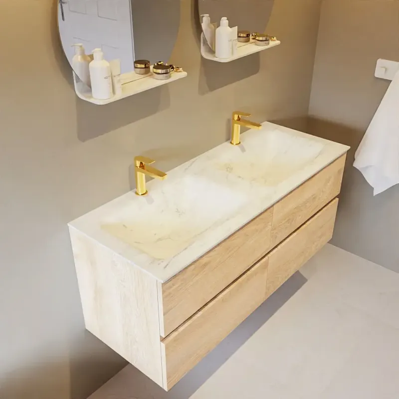 Aanbieding Mondiaz Vica DLux badmeubel 120cm washed oak 4 lades met wastafel opalo dubbel 2 kraangaten
