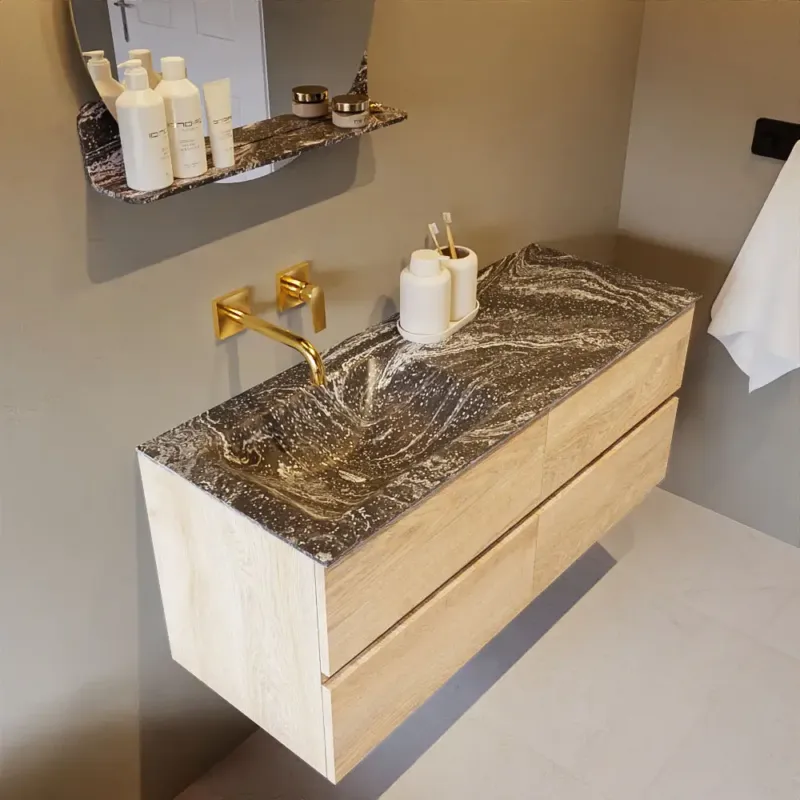 Superprijs Mondiaz Vica DLux badmeubel 120cm washed oak 4 lades met wastafel lava links zonder kraangat
