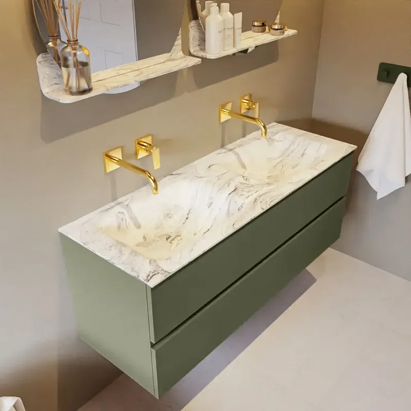Populair Mondiaz Vica DLux badmeubel 130cm army 2 lades met wastafel glace dubbel zonder kraangat