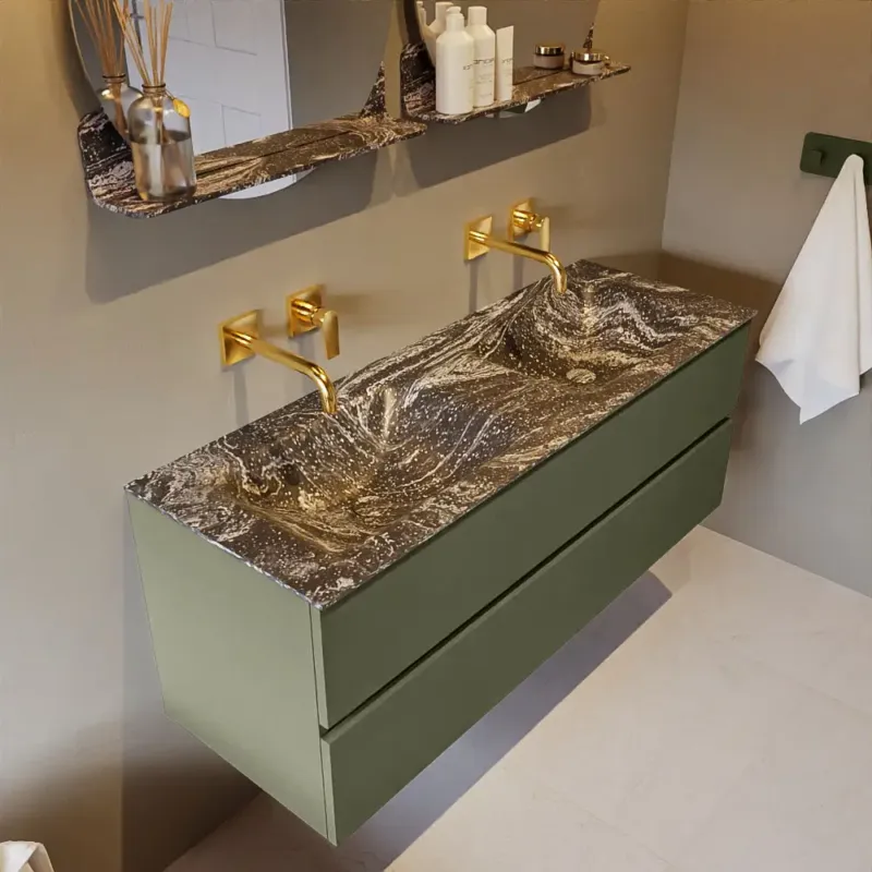 Alleen Vandaag Mondiaz Vica DLux badmeubel 130cm army 2 lades met wastafel lava dubbel zonder kraangat