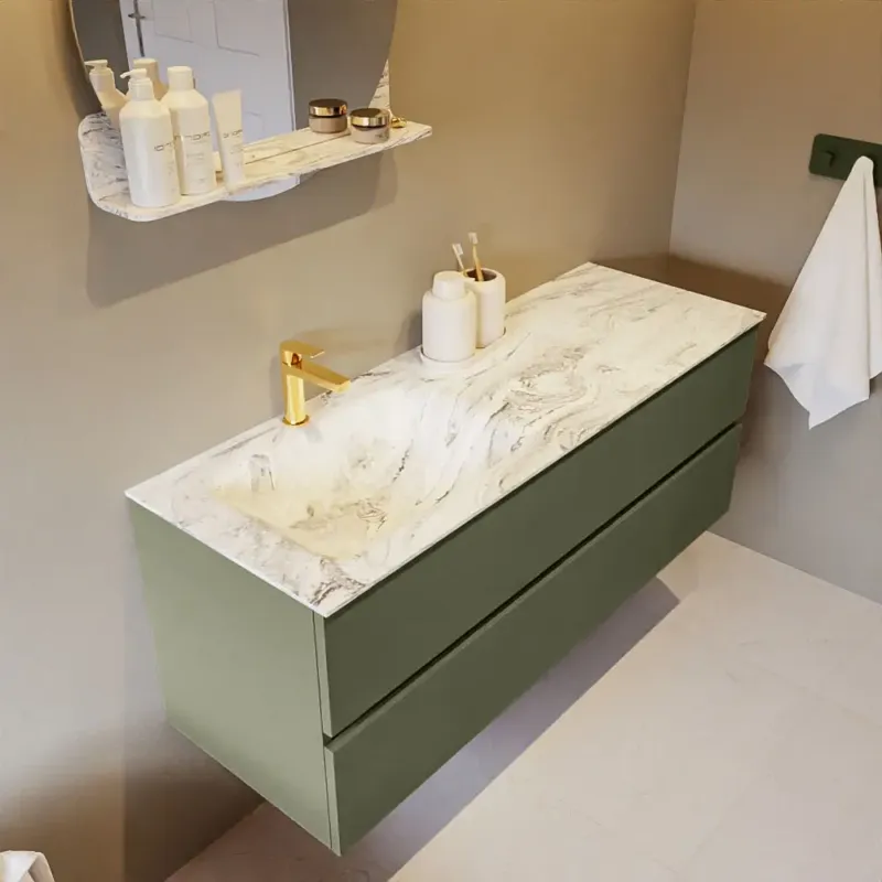 Speciale Aanbieding Mondiaz Vica DLux badmeubel 130cm army 2 lades met wastafel glace links 1 kraangat