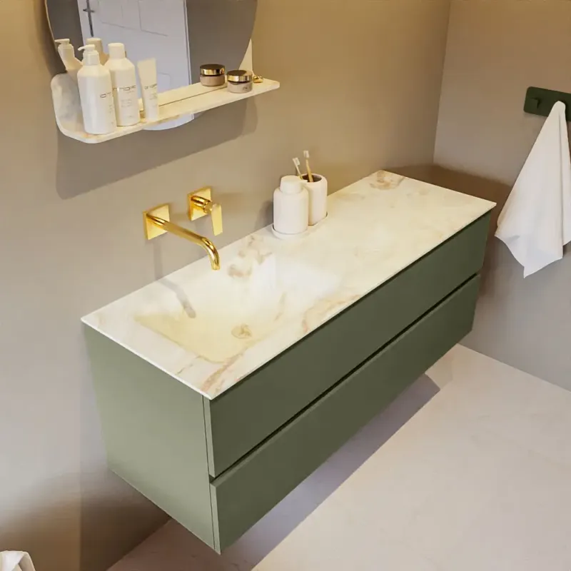 Beperkte Voorraad Mondiaz Vica DLux badmeubel 130cm army 2 lades met wastafel frappe links zonder kraangat