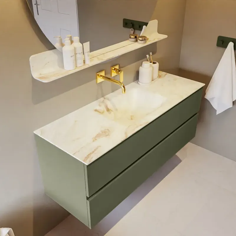 Actieprijs Mondiaz Vica DLux badmeubel 130cm army 2 lades met wastafel frappe midden zonder kraangat