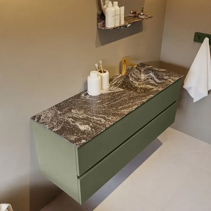 Superprijs Mondiaz Vica DLux badmeubel 130cm army 2 lades met wastafel lava rechts 1 kraangat