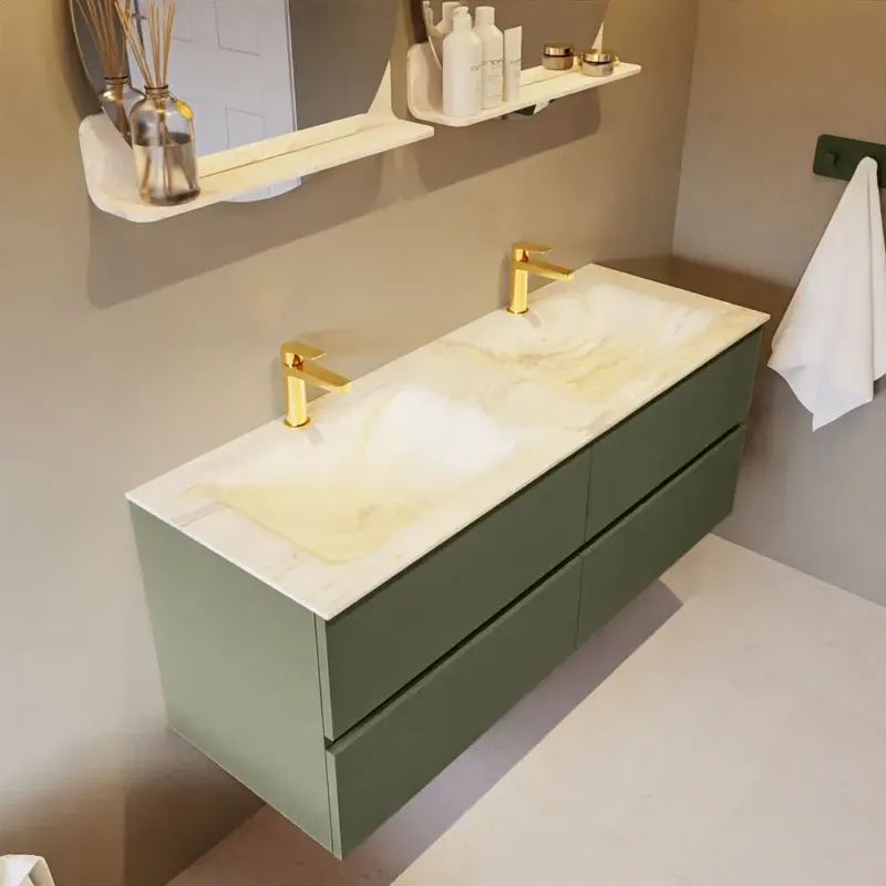 Aanbieding Mondiaz Vica DLux badmeubel 130cm army 4 lades met wastafel ostra dubbel 2 kraangaten