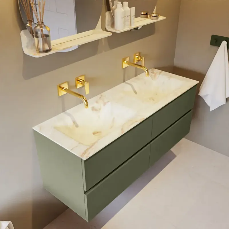 Weekendaanbieding Mondiaz Vica DLux badmeubel 130cm army 4 lades met wastafel frappe dubbel zonder kraangat