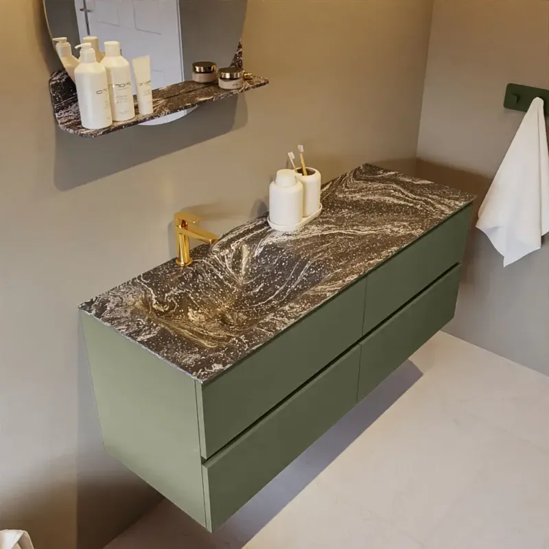 Alleen Vandaag Mondiaz Vica DLux badmeubel 130cm army 4 lades met wastafel lava links 1 kraangat