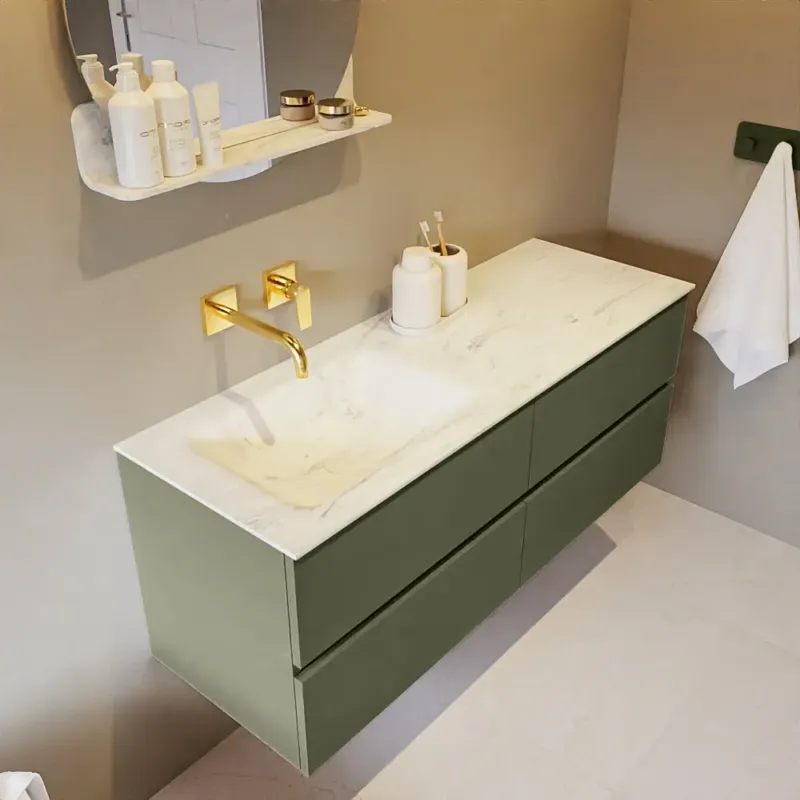 Beperkte Voorraad Mondiaz Vica DLux badmeubel 130cm army 4 lades met wastafel opalo links zonder kraangat