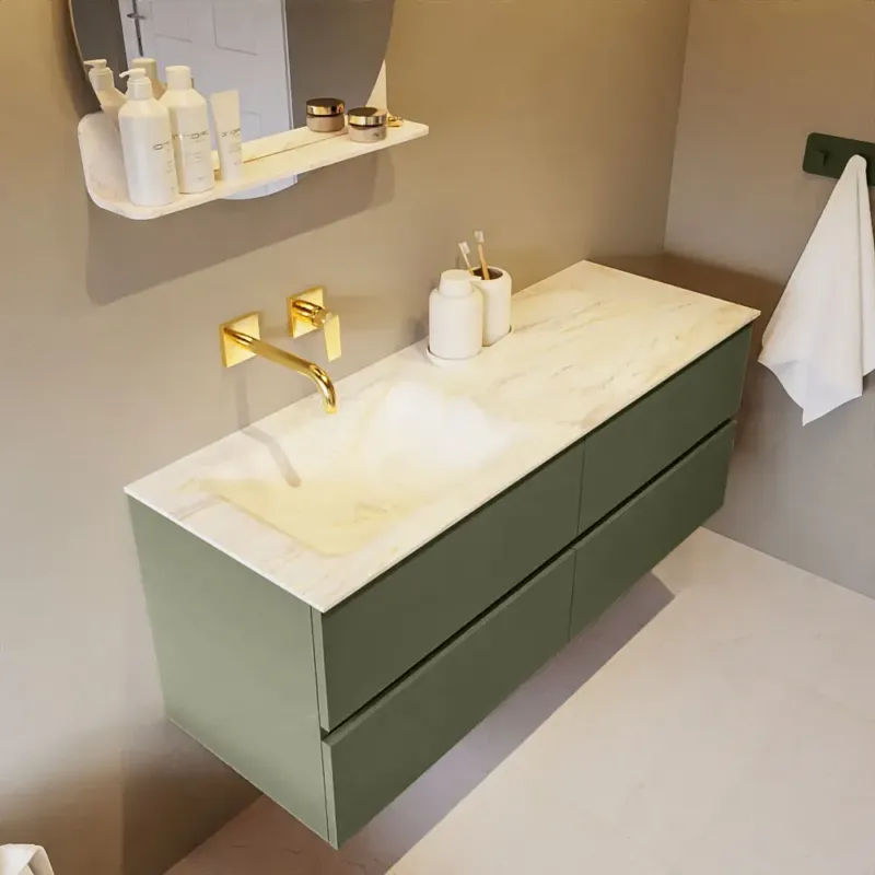 Weekendaanbieding Mondiaz Vica DLux badmeubel 130cm army 4 lades met wastafel ostra links zonder kraangat