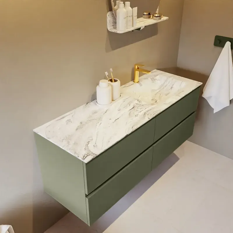 Speciale Aanbieding Mondiaz Vica DLux badmeubel 130cm army 4 lades met wastafel glace rechts 1 kraangat