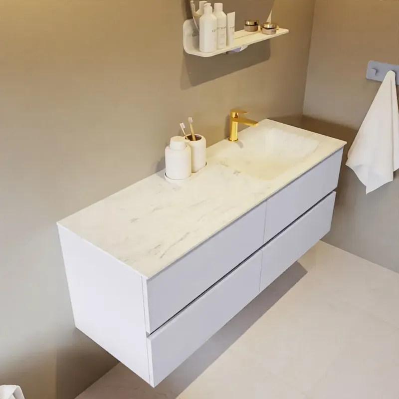 Aanbieding Mondiaz Vica DLux badmeubel 130cm cale 4 lades met wastafel opalo rechts 1 kraangat