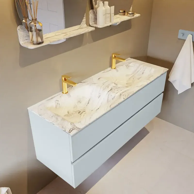 Premium Mondiaz Vica DLux badmeubel 130cm clay 2 lades met wastafel glace dubbel 2 kraangaten