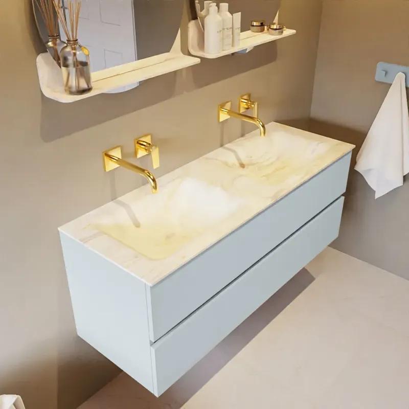 Aanbieding Mondiaz Vica DLux badmeubel 130cm clay 2 lades met wastafel ostra dubbel zonder kraangat