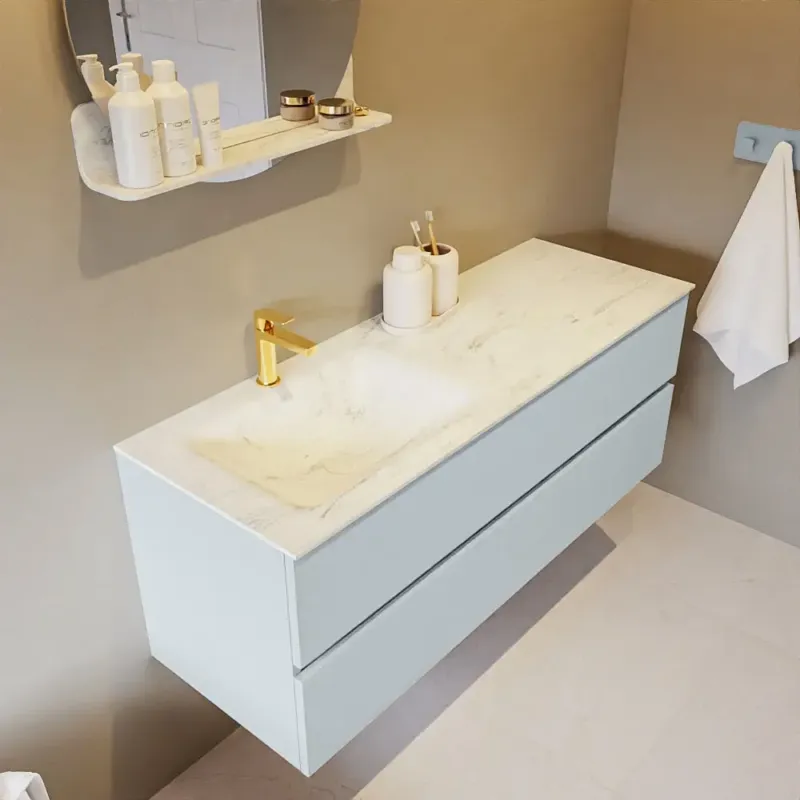 Voordeelprijs Mondiaz Vica DLux badmeubel 130cm clay 2 lades met wastafel opalo links 1 kraangat