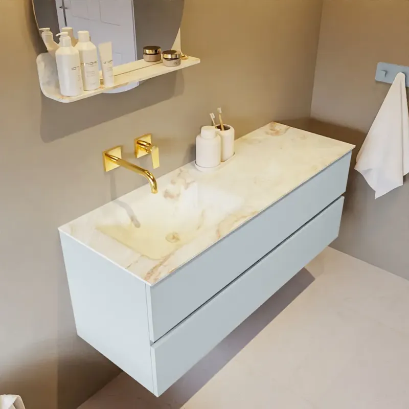 Premium Mondiaz Vica DLux badmeubel 130cm clay 2 lades met wastafel frappe links zonder kraangat