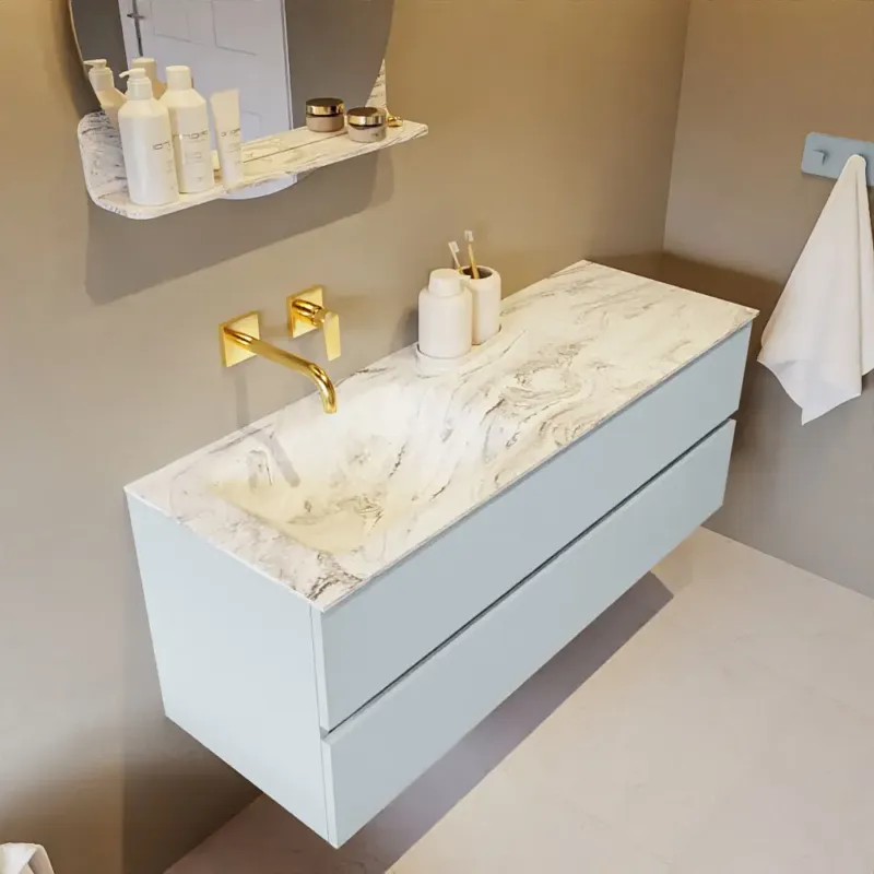 Snelle Levering Mondiaz Vica DLux badmeubel 130cm clay 2 lades met wastafel glace links zonder kraangat