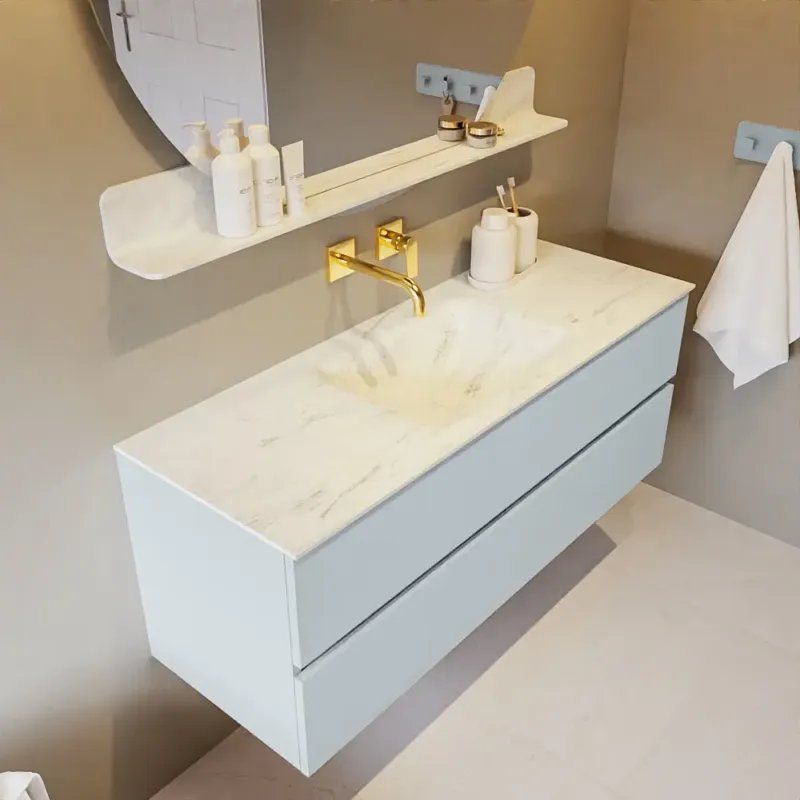 Actieprijs Mondiaz Vica DLux badmeubel 130cm clay 2 lades met wastafel opalo midden zonder kraangat
