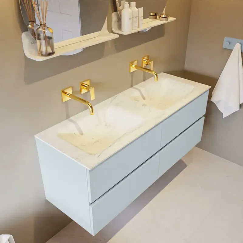 Weekendaanbieding Mondiaz Vica DLux badmeubel 130cm clay 4 lades met wastafel opalo dubbel zonder kraangat