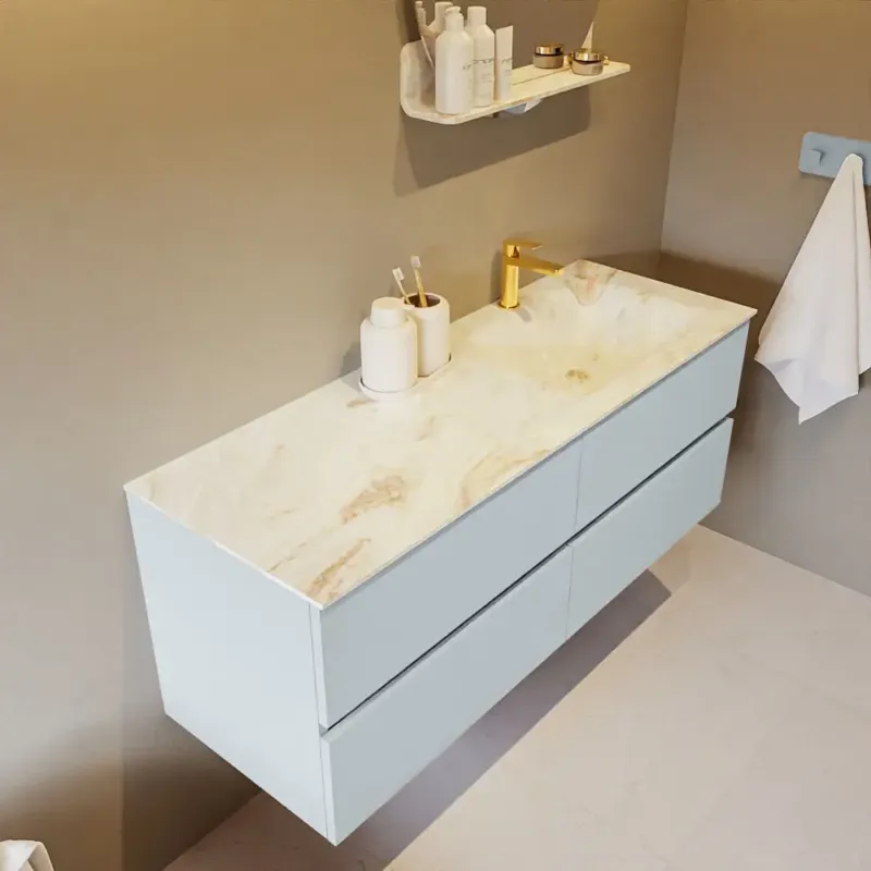 Tijdelijk Beschikbaar Mondiaz Vica DLux badmeubel 130cm clay 4 lades met wastafel frappe rechts 1 kraangat