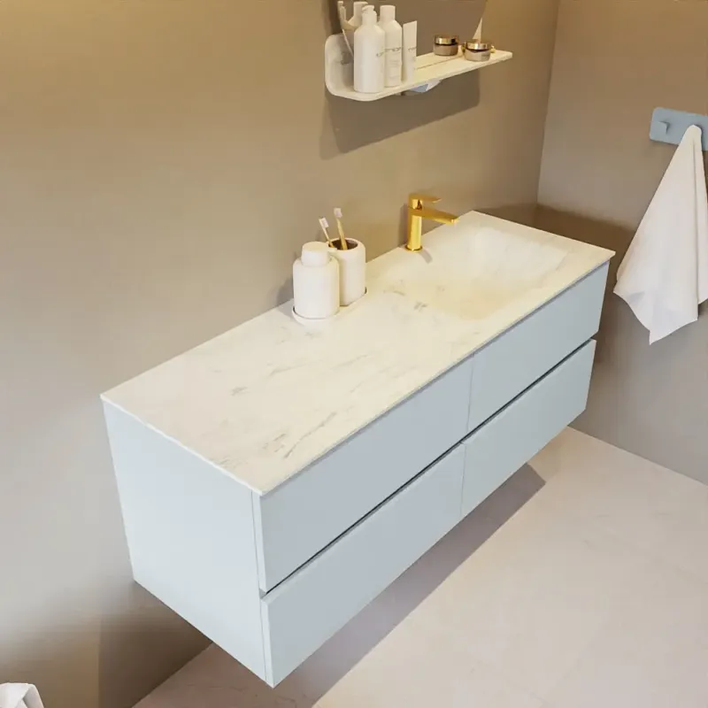 Veilige Betaling Mondiaz Vica DLux badmeubel 130cm clay 4 lades met wastafel opalo rechts 1 kraangat